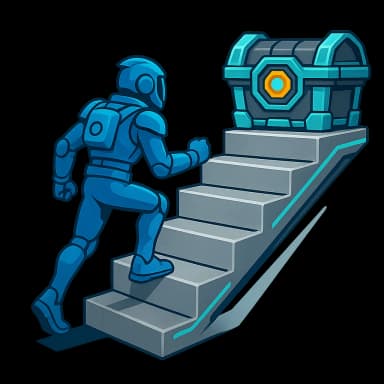 Video game character climbing stairs to a glowing chest, symbolizing career growth in the gaming industry.